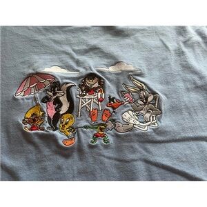 Vintage Looney Tunes Tee XL Beach Scene Embroidery Rare Cast of Characters